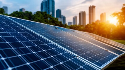Close-up of solar panels with a city skyline in the background at sunset, symbolizing urban renewable energy use
