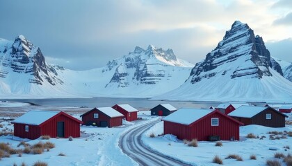  Snowy serenity  A winter wonderland with red cabins and majestic mountains