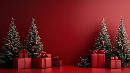 Elegant red Christmas backdrop with minimalist pine trees and carefully arranged presents, creating a sophisticated, festive look.
