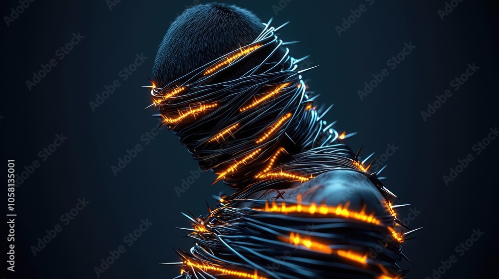 Poster a figure wrapped in glowing strings, representing tension and confinement.