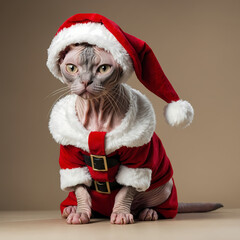 funny canadian sphynx cat in a santa costume