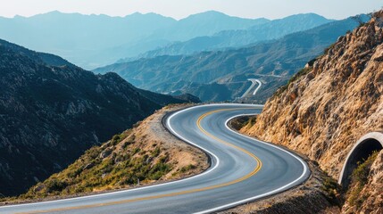 Winding road through mountainous landscape with scenic views in the background.