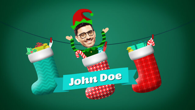 Holiday Elf Character in Christmas Stocking face replacement for fun holiday video
