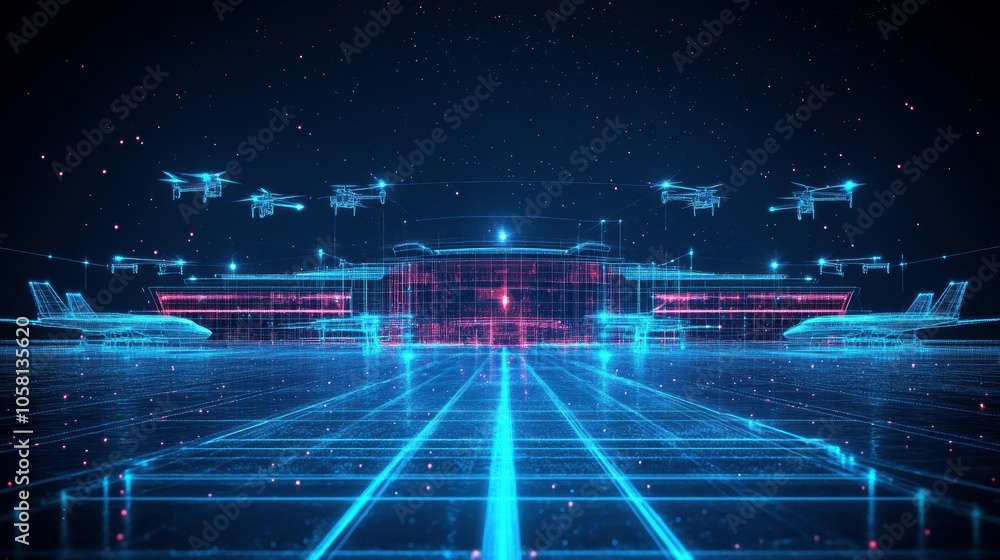 Poster futuristic airport lowpoly wireframe with autonomous drones and advanced technology integration