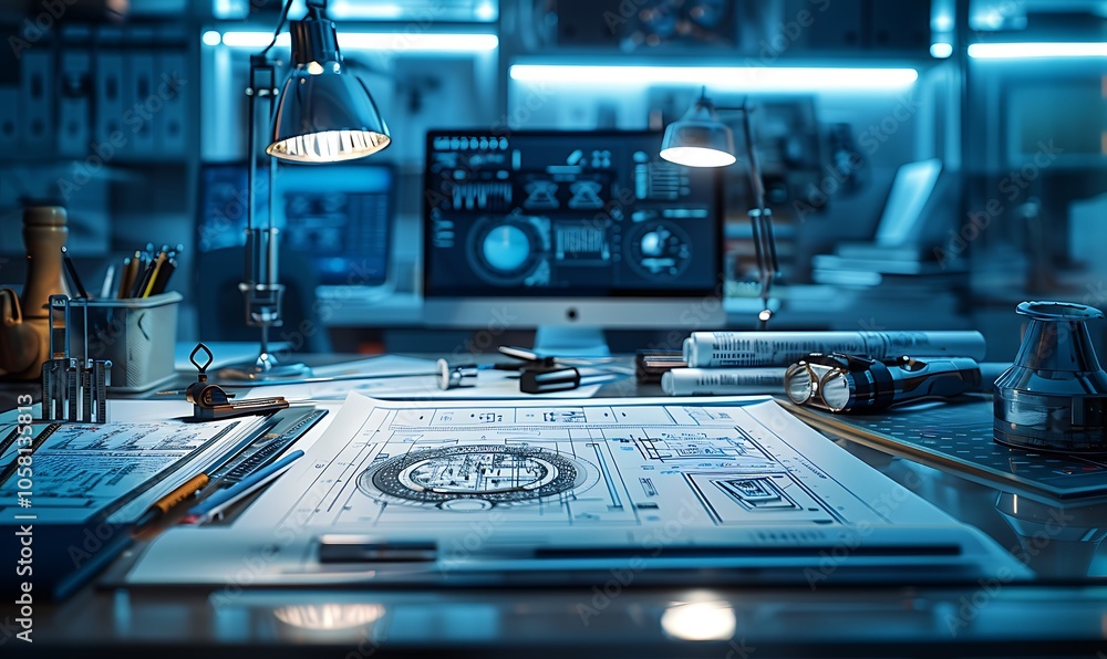 Poster a modern workspace with blue lighting features sketches on a desk, a computer displaying data, and v
