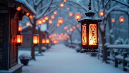  Warm glow of lanterns in a snowy village