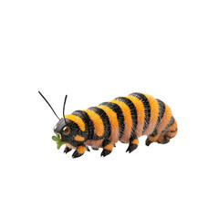 A captivating close-up of a vibrant caterpillar adorned with striking orange and black stripes, actively nibbling on a green leaf in a stark dark background, showcasing nature's beauty.