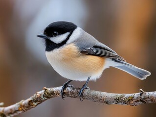 Obraz premium Black-capped Chickadee Perched on Branch with Distinctive Black Cap and Soft Natural Blur Background