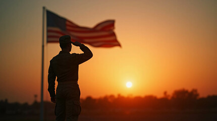 Fototapeta premium Veterans Day memory is symbolized by a silhouette of a soldier saluting at sunset with the American flag flying in the backdrop. 