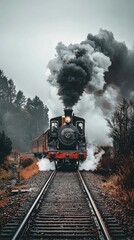 Obraz premium Vintage Steam Train Amidst Eerie Fog and Smoke