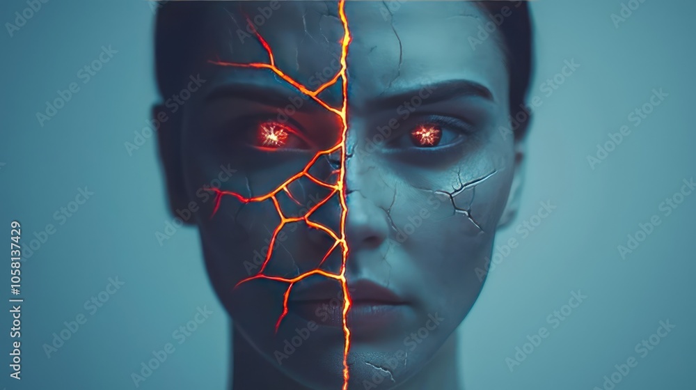 Poster a split-face portrait showing contrasting emotions and textures.