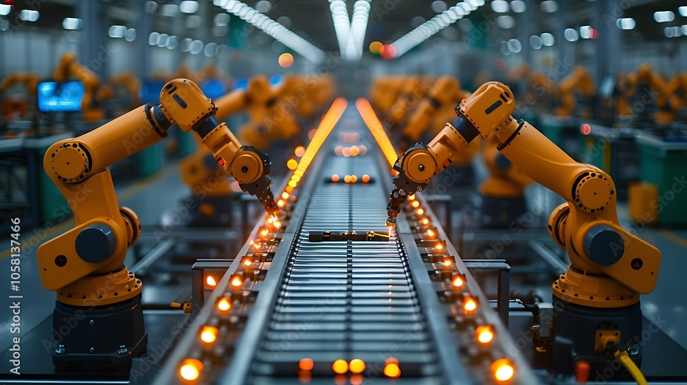 Poster a bustling factory floor featuring advanced robotic arms working in unison along a conveyor belt, hi