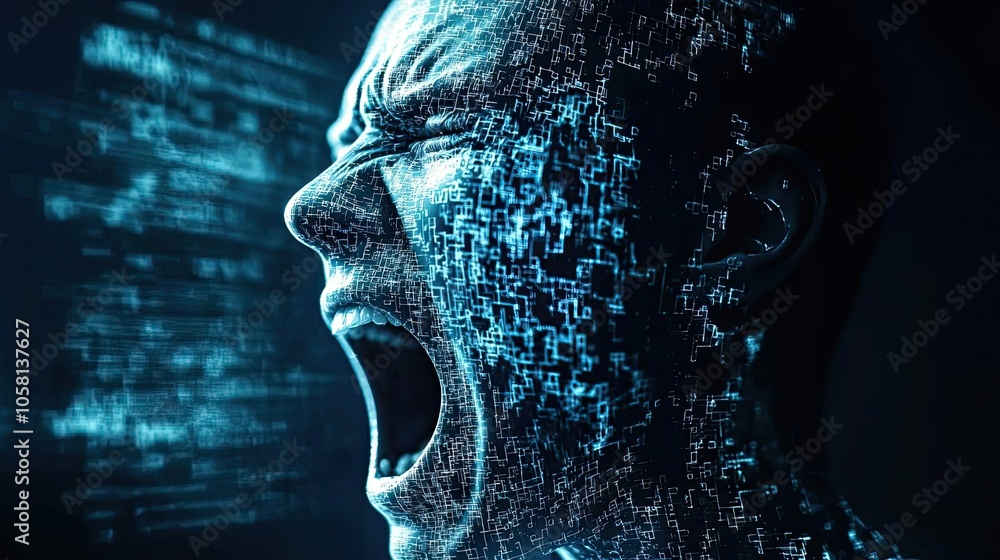 Poster digital art of a screaming face with binary data overlay.