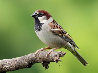 House Sparrow Perched on Branch with Distinctive Brown and Gray Plumage with Soft Natural Blur Background