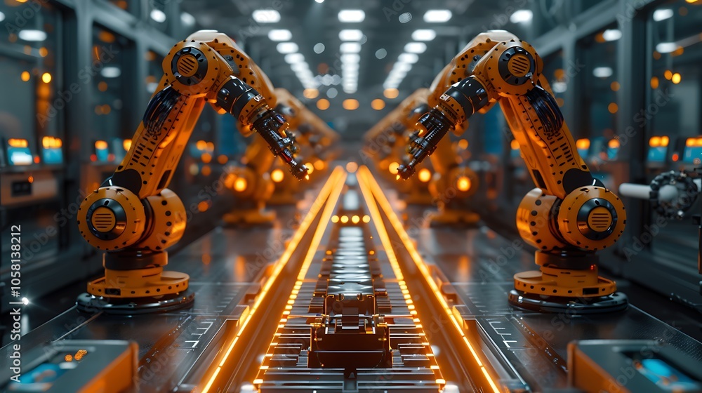 Poster a futuristic factory scene showing robotic arms assembling products on a conveyor belt, illuminated 