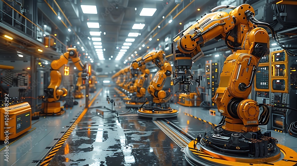 Poster A modern industrial setting featuring robotic arms busy in a well-lit factory, showcasing advanced automation and technology.