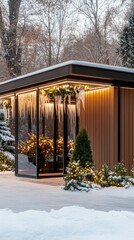 Icicles form on the rustic roof of a wooden cabin, framed by snow-covered ground and a winter garden atmosphere