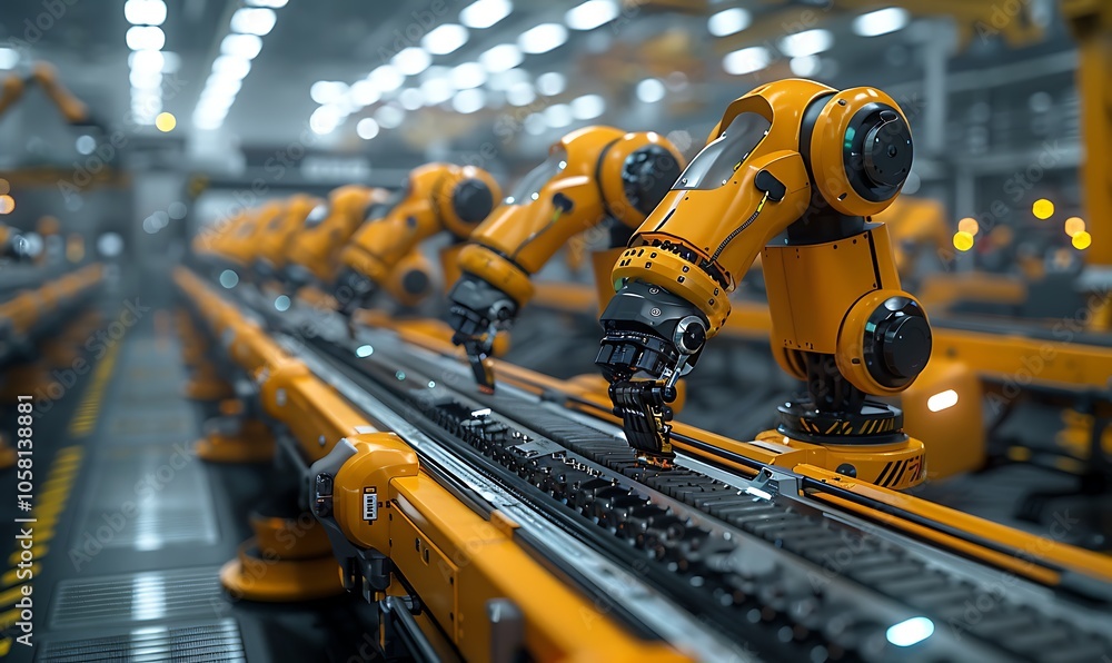 Aufkleber A modern industrial setting featuring orange robotic arms working on an assembly line in a well-lit factory environment.