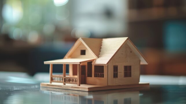 Close-up of a small house model on a table during a property consultation, highlighting home buying