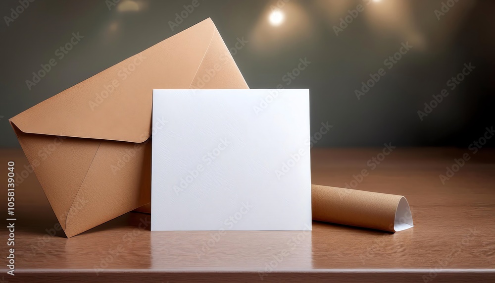 Poster a simple brown envelope and a blank card lie on a wooden surface, with a cylindrical object partiall