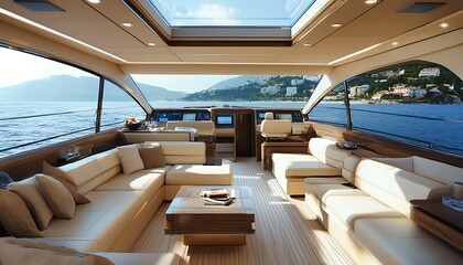 Luxury yacht interior with modern design and panoramic views, offering comfort and elegance at sea.
