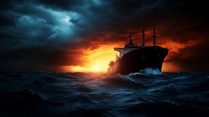 Fototapeta premium A cargo ship sails through a stormy sea at sunset.