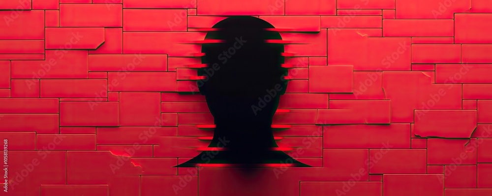 Poster abstract depiction of identity and separation, red background with fragmented silhouette.