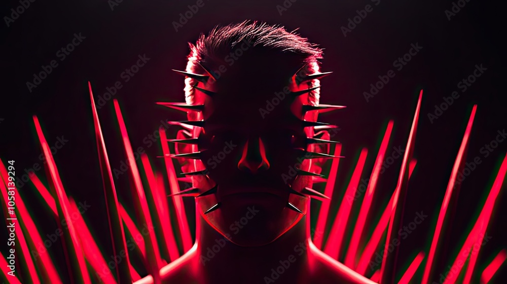 Poster surreal portrait highlighting emotional intensity with sharp elements and red light.