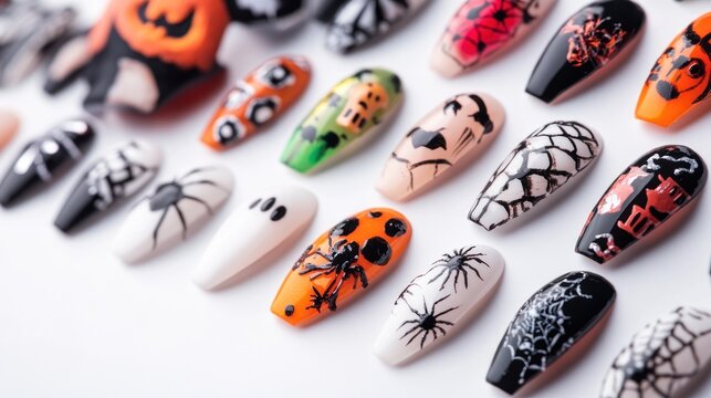 A collection of Halloween-themed nail art designs featuring various spooky motifs.