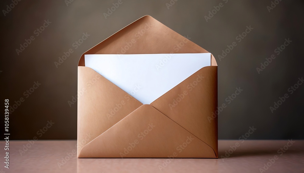 Poster a simple brown envelope with a blank white letter inside, resting on a smooth surface, creating a mi
