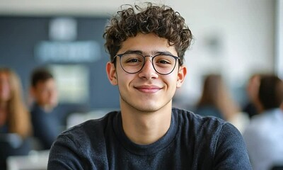 a Math Tutor, half body photo, tutoring center as blur background, eye look at camera, three-quarter composition, double eyelids, working scene, warm greeting, greeting, enthusiasm, happiness, 8k