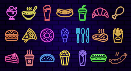 undefined Neon food icons in vintage style on light background. Business, icon set. Vector illustration