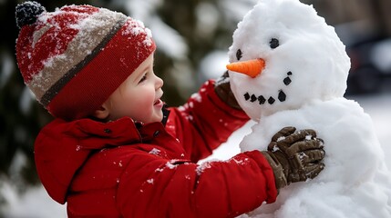 A young boy in a red jacket and hat smiles at a snowman he made in the snow.