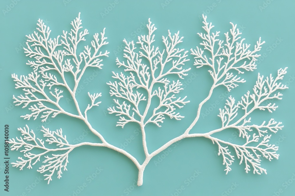 Poster highly detailed branching pattern resembling coral or dendritic structures on a teal background crea