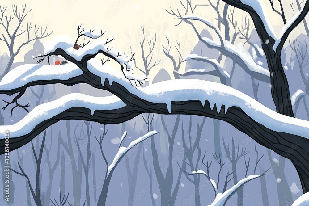 Poster abstract tree branches covered in soft snow stretching across a muted background evoking a serene wi