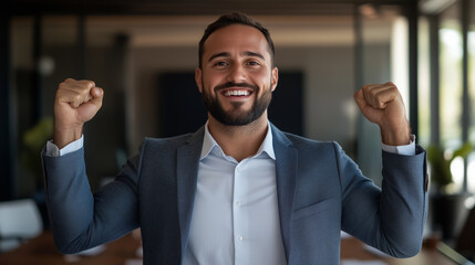 Fototapeta premium confident man celebrating success with raised fists in modern office setting, exuding positivity and achievement.