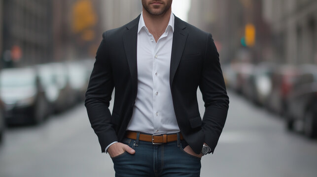 confident man in stylish black blazer and white shirt stands on city street, exuding professionalism and charm. urban backdrop adds to modern vibe.