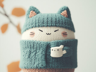 Cute Knit Cat in Cozy Sweater Drinking Hot Chocolate