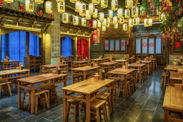 Decorative Lanterns Illuminating Traditional Chinese Tea House