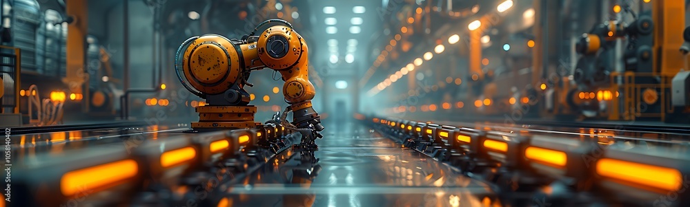 Poster a robotic arm operates in a high-tech industrial setting, illuminated by orange lights, showcasing a