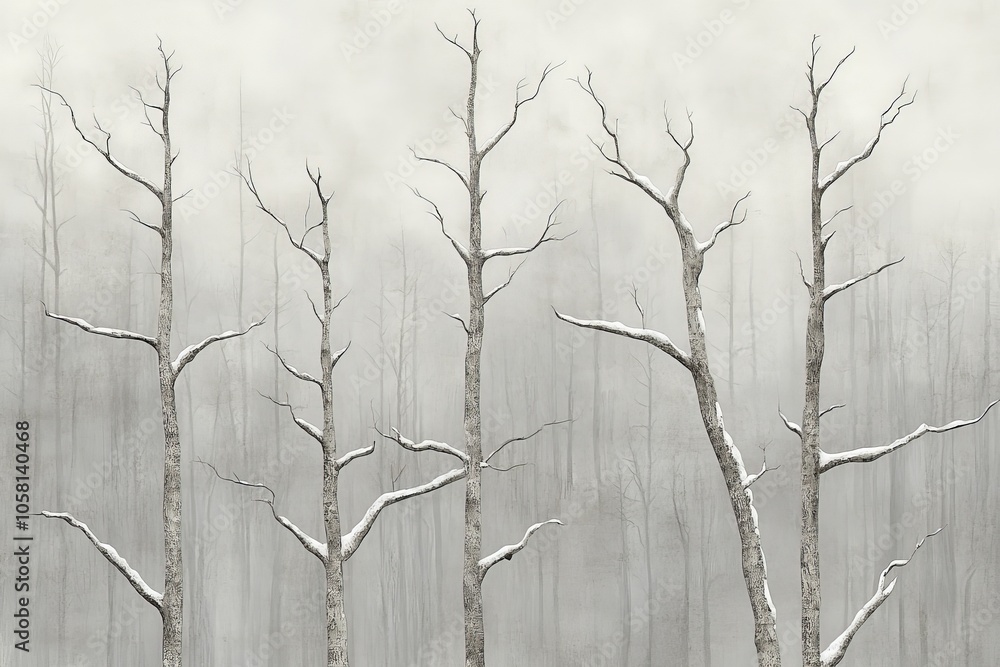Poster monochromatic textured depiction of bare trees on a grayscale background conveying a minimalist wint