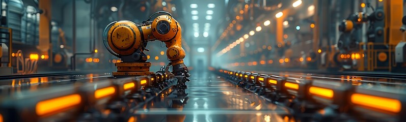 Fototapeta premium A robotic arm operates in a high-tech industrial setting, illuminated by orange lights, showcasing automation and innovation in manufacturing.
