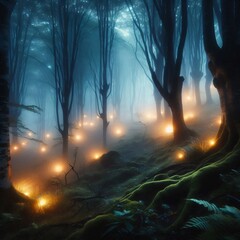 Fototapeta premium mystical, enchanted forest at dusk, with thick mist hanging in the air, soft glowing lights hidden among trees, casting a magical and surreal atmosphere