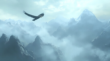 A high-resolution photograph featuring an eagle gliding effortlessly over a range of misty mountains. Foggy Mountains. Illustration