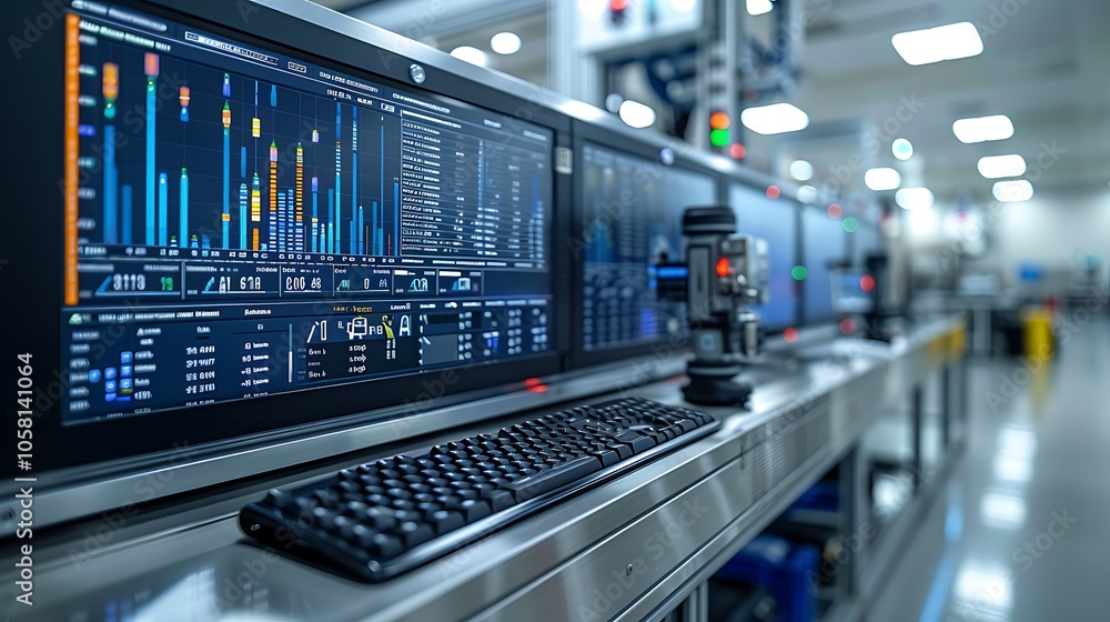 Poster A modern workstation featuring multiple screens displaying data analytics and graphs in a well-lit manufacturing environment.