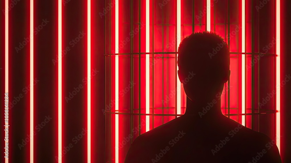 Poster silhouette of a person under red neon lights, creating an intriguing atmosphere.