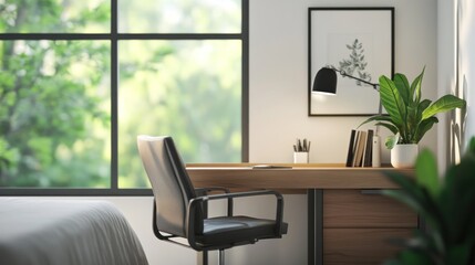 A serene workspace featuring a desk, chair, lamp, and plant by a window with greenery outside.