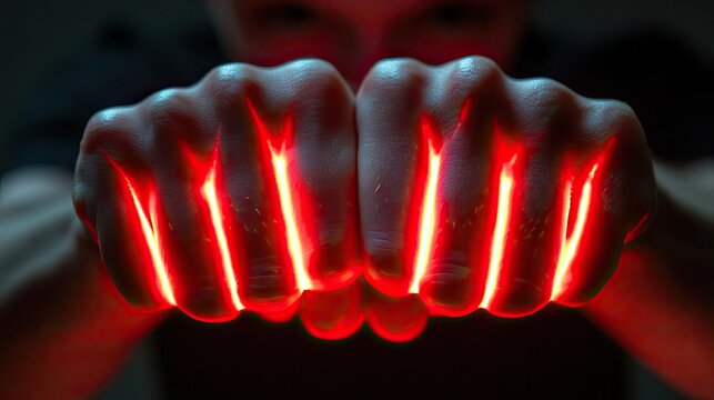 Fists illuminated with red light, showcasing glowing effects and intense focus.