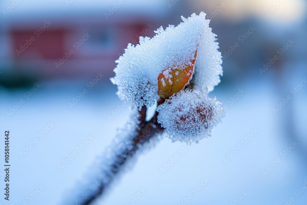 Poster close up of a frozen leaf bud with a delicate frost layer and soft background highlighting the intri