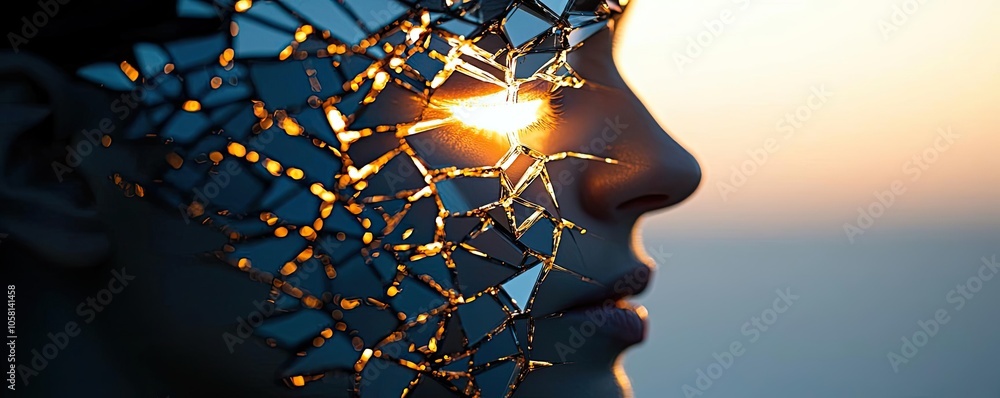 Poster abstract concept of reflection and perception through a broken mirror face.